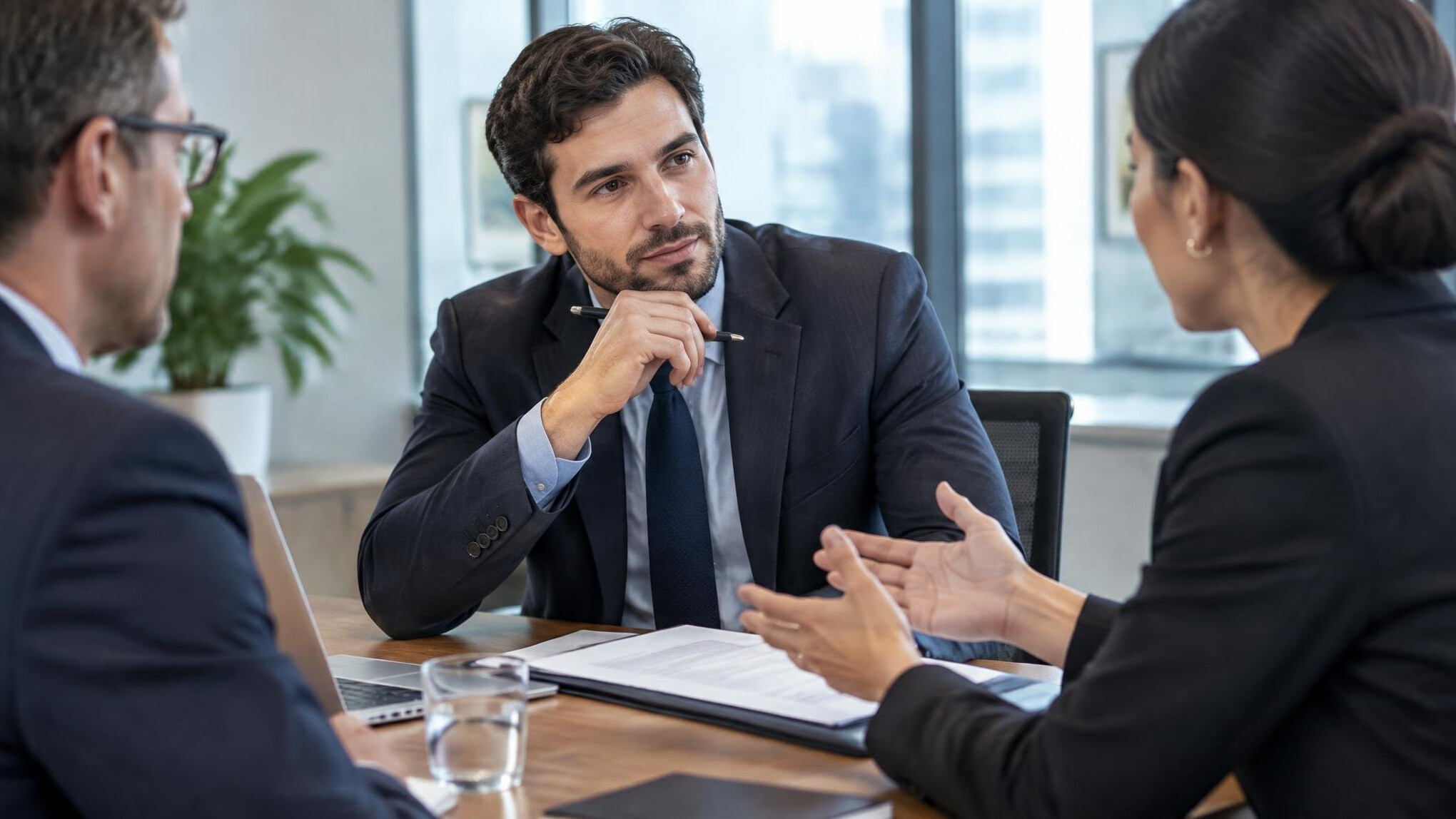 man listening in business meeting